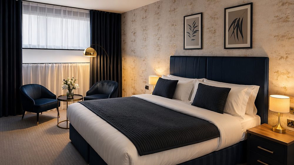 A boutique hotel room at Above Hotels with navy velvet headboard and gold accents